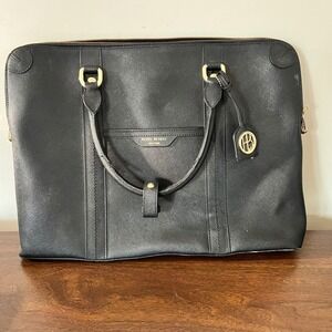 Henri Bendel Black Saffiano Leather Laptop Bag Gold Hardware Work Tote Bag